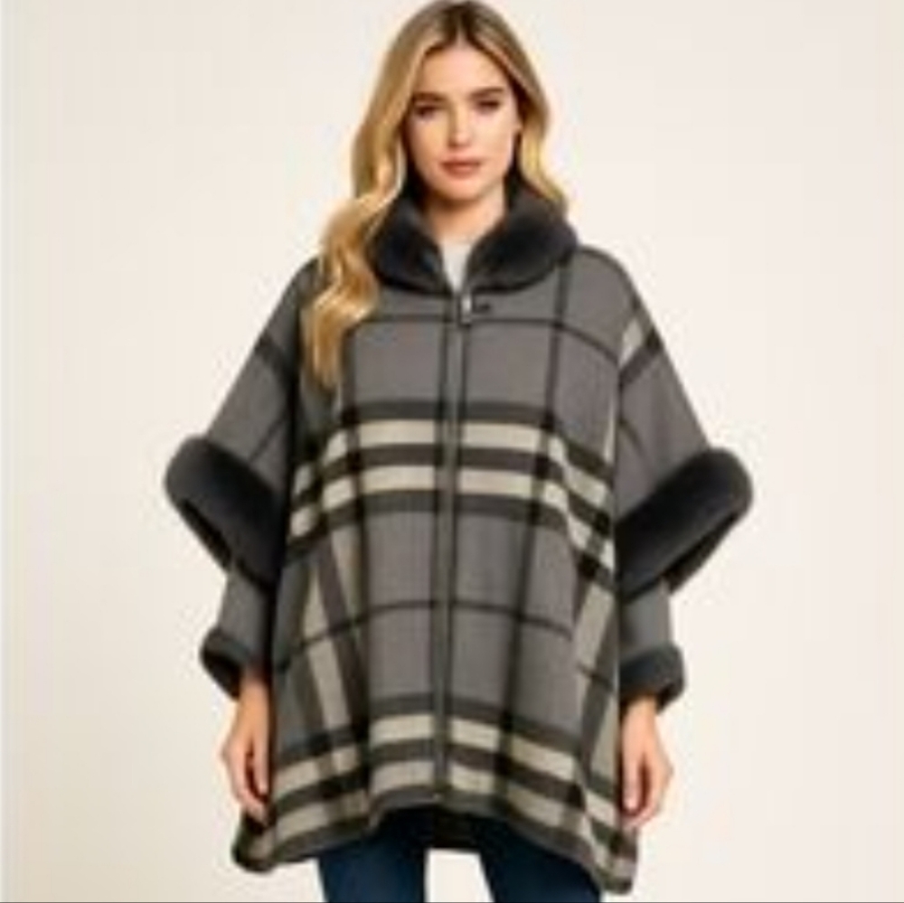Grey, Black & Beige Hooded Cape